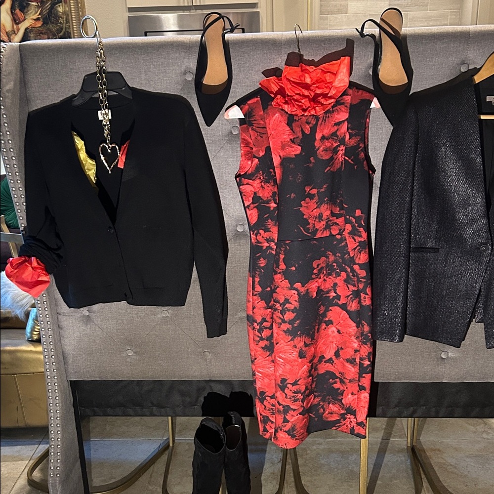 Calvin Klein Collection Red and Black Floral Midi Dress